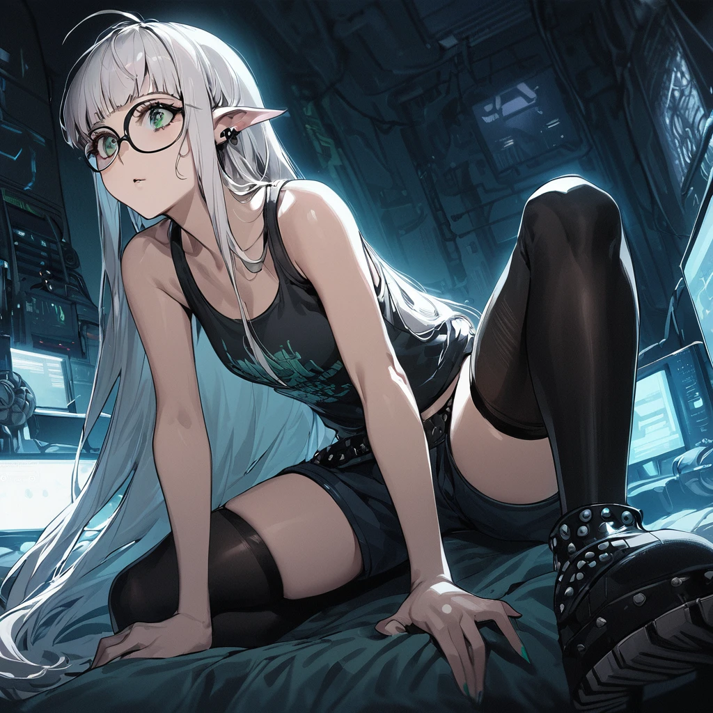 ((best quality)), ((masterpiece)), (detailed), 1girl, anime girl, smalll bed room background, sitting on knees, white hair, elf, blue, punk, tech, jelly fish hair cut, dagger, tired, shaggy long hair, glasses, messy, tank top and shorts, looking up, computers, thigh highs, green eyes,, cyberpunk