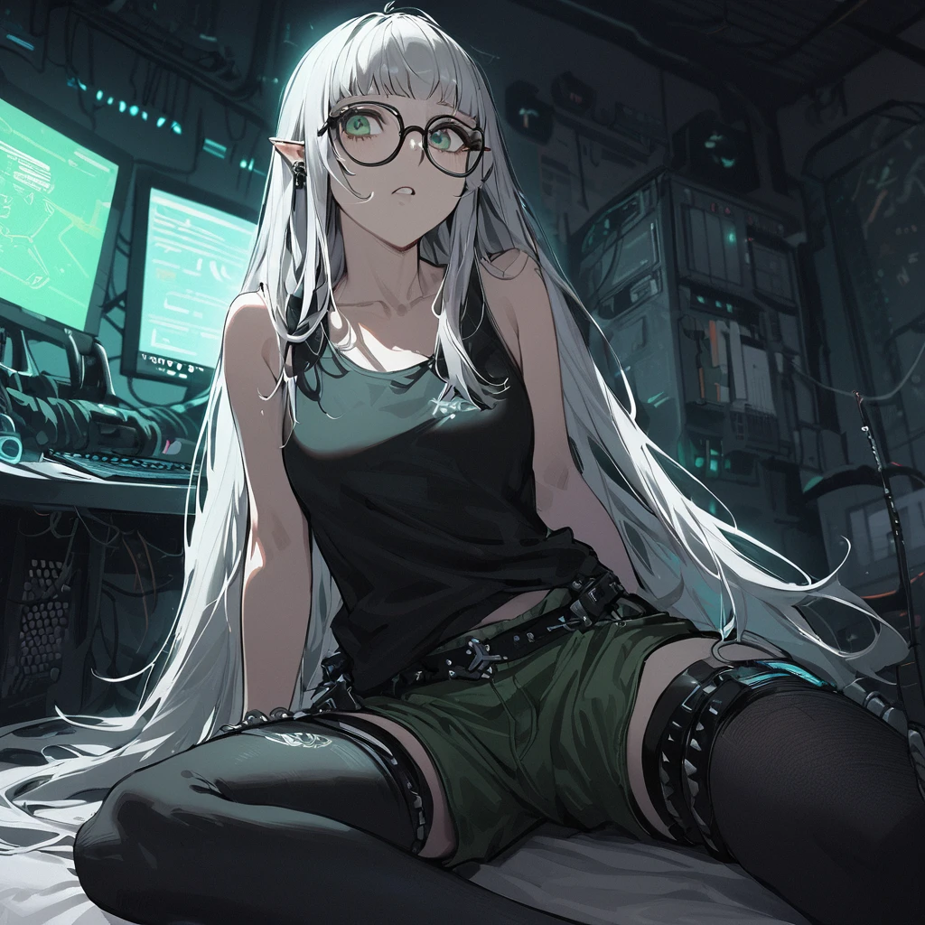 ((best quality)), ((masterpiece)), (detailed), 1girl, anime girl, smalll bed room background, sitting on knees, white hair, elf, blue, punk, tech, jelly fish hair cut, dagger, tired, shaggy long hair, glasses, messy, tank top and shorts, looking up, computers, thigh highs, green eyes,, cyberpunk