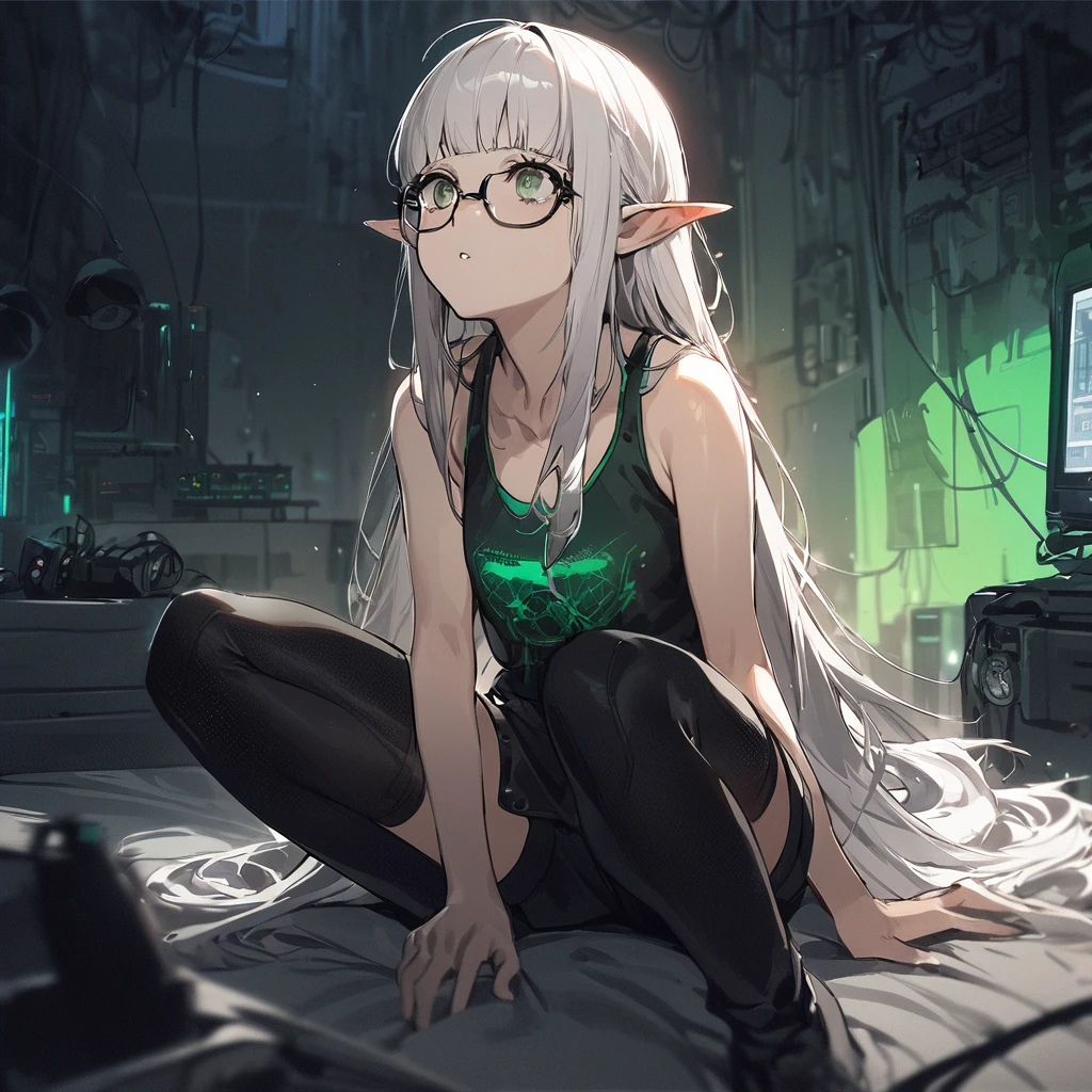 ((best quality)), ((masterpiece)), (detailed), 1girl, anime girl, smalll bed room background, sitting on knees, white hair, elf, blue, punk, tech, jelly fish hair cut, dagger, tired, shaggy long hair, glasses, messy, tank top and shorts, looking up, computers, thigh highs, green eyes,, cyberpunk