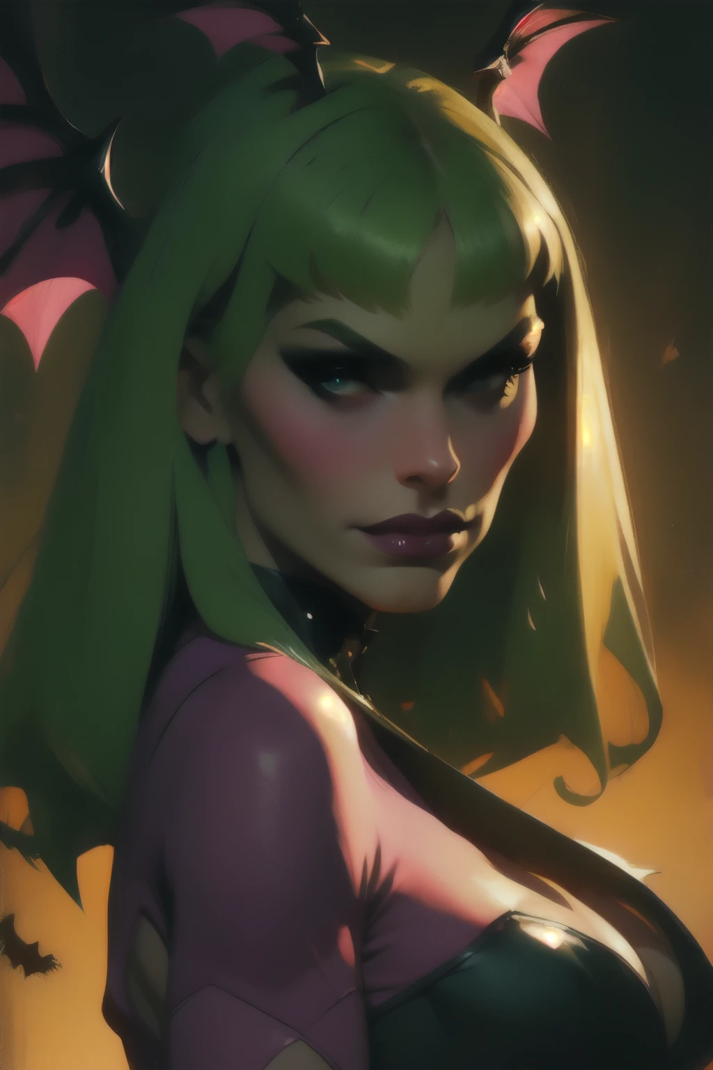 ภาพเหมือนจริงของสีน้ำมันของ Morrigan Aensland, แสงจันทร์, ร่างกายร้อน, ท่าทางที่เย้ายวนแบบไดนามิก, ยิ้มอ่อน, ผมสีดำยาวสีเขียว , (((ปีกค้างคาว))) , ร่างกายร้อน, นักกีฬา, ((นิ้วเท้าอูฐ)), ขาสีม่วง, เนื้อสัมผัสของผิวละเอียด, ซับซ้อน, ใบหน้าละเอียด, เกินจริง, แสงและเงาที่สมจริง , ((แสงภาพยนตร์)) . พื้นหลังแสงพระจันทร์บทกวี.