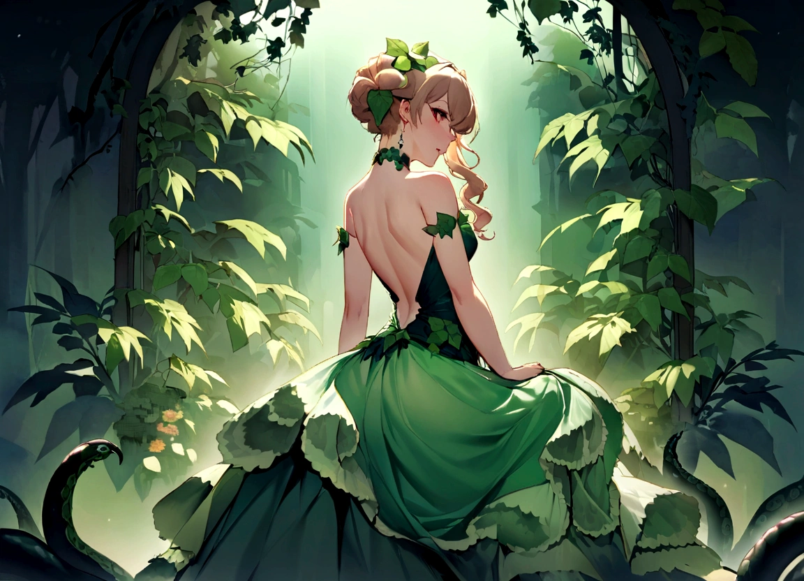 (Taylor Swift (age 25)) in the role of Poison Ivy. She has lured a lovely woman back to her green house and is in the act of seducing her. Over exposed evening dress. Helpful plant tentacles. (SFW)
