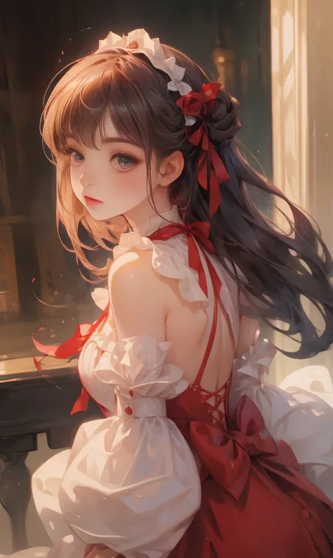 1girl, beauty, Wearing a rose-red Lolita magic dress，Beautiful eyes，Beautiful hair accessories，The background is beauty&#39;s ma...