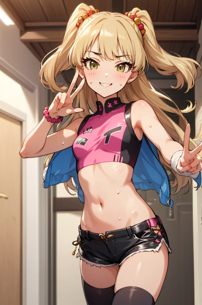 , aarika, long hair, two side up, hair bobbles, small breasts, looking viewer,evil smile,,crop top,bare arms,navel,shorts,thighhighs,(((Gyaru))),indoor,blush,sweating,peace sign,standing