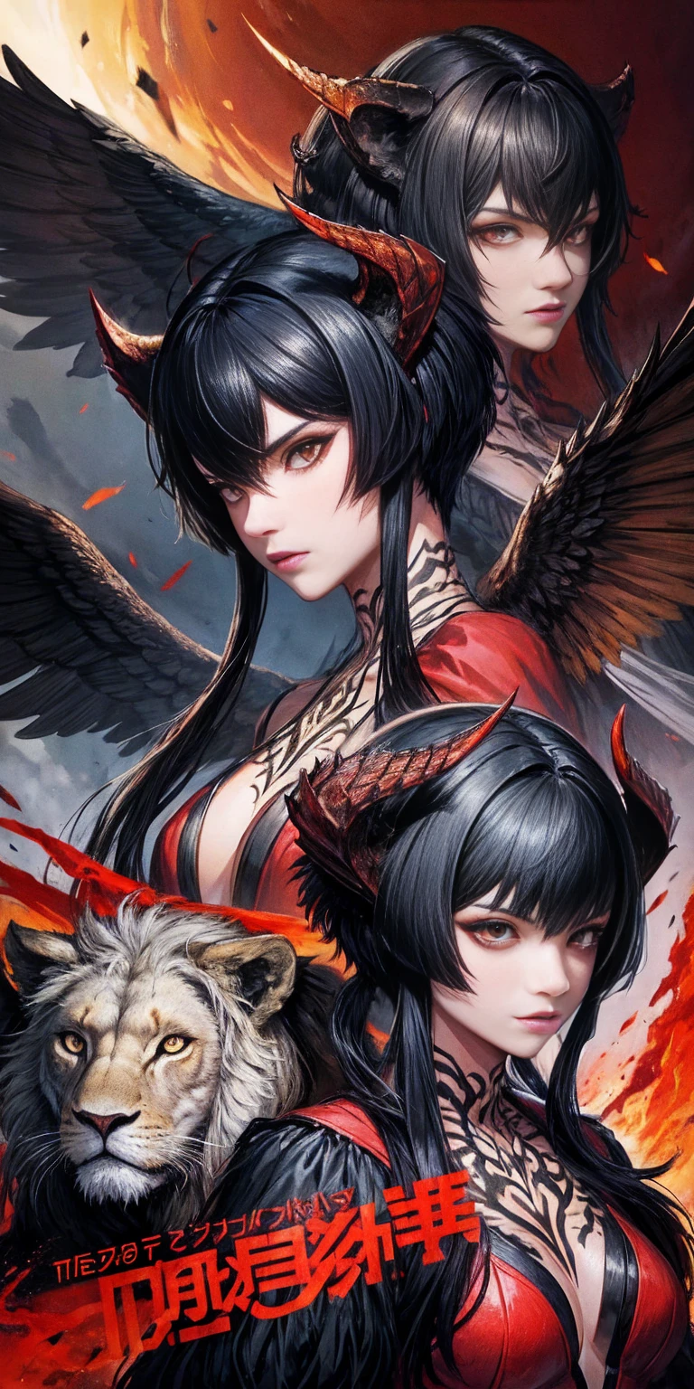 a lion, black hair, Red eyes, wings, very monstrous