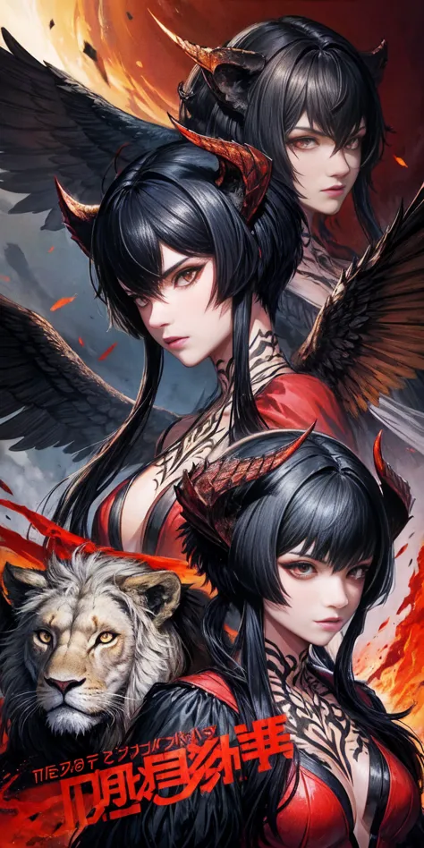 a lion, black hair, red eyes, wings, very monstrous