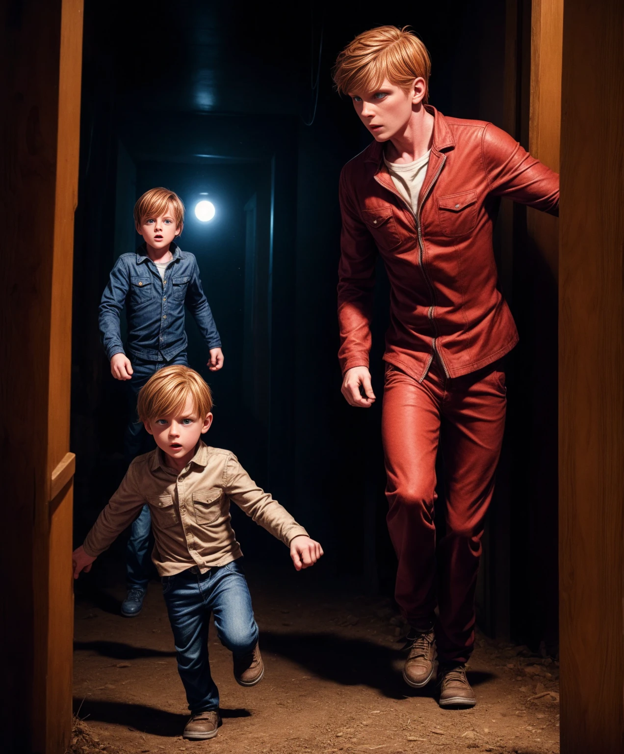 Little Timmy 6 year old redhead blonde boy is running from the boogie man monster in the dark fright kid