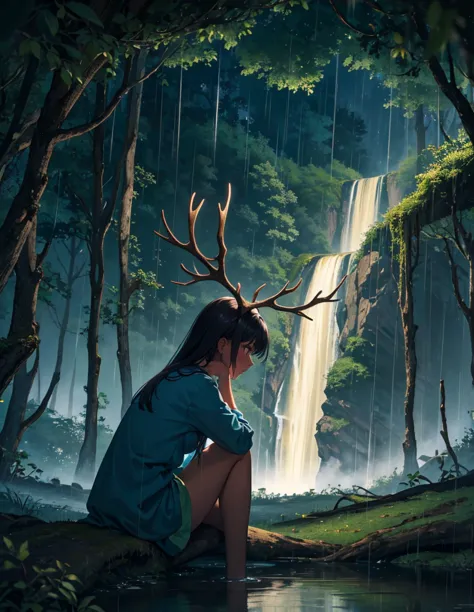 A beautiful anime girl sits on the edge of an ancient tree with large antlers, surrounded by waterfalls and rain in a dark fores...