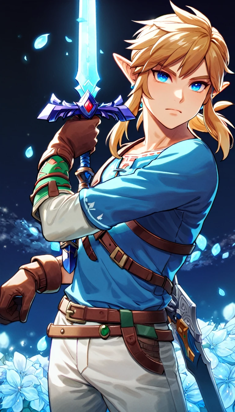 Ultra detailed, highres, absurdres, HDR, master piece, Link, blond hair, expressive blue eyes, blue shirt, The Legend Of Zelda (Breath Of The Wild), fantasy, blue petals, blue flowers, handsome, sexy man holding a sword, solo, magical, shining blue fireflies, best quality, extremely detailed face and eyes, water, holding a sword (master sword), man, brown gloves, white pants, blue background