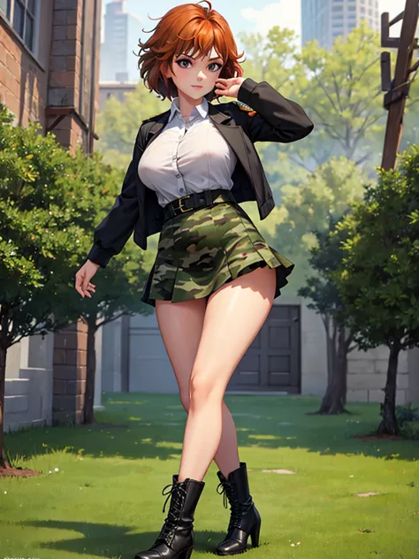 merula, full body, thighs, boots high heels, solo girl, medium tits, military camouflage mini skirt, belly, blouse