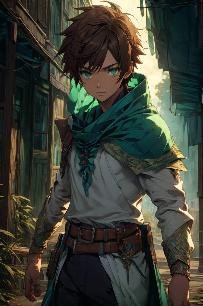 kazumasatou, kazuma satou, short hair, brown hair, (green eyes:1.3), male focus, BREAK shirt, long sleeves, white shirt, belt, pants, capelet, brown belt, BREAK outdoor, forest, nature, trees, village, sky, sun, clouds, BREAK looking at viewer, (cowboy shot:1.5), BREAK (masterpiece:1.2), best quality, high resolution, unity 8k wallpaper, (illustration:0.8), (beautiful detailed eyes:1.6), extremely detailed face, perfect lighting, extremely detailed CG, (perfect hands, perfect anatomy),