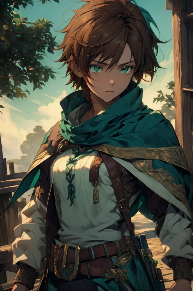 kazumasatou, kazuma satou, short hair, brown hair, (green eyes:1.3), male focus, BREAK shirt, long sleeves, white shirt, belt, pants, capelet, brown belt, BREAK outdoor, forest, nature, trees, village, sky, sun, clouds, BREAK looking at viewer, (cowboy shot:1.5), BREAK (masterpiece:1.2), best quality, high resolution, unity 8k wallpaper, (illustration:0.8), (beautiful detailed eyes:1.6), extremely detailed face, perfect lighting, extremely detailed CG, (perfect hands, perfect anatomy),