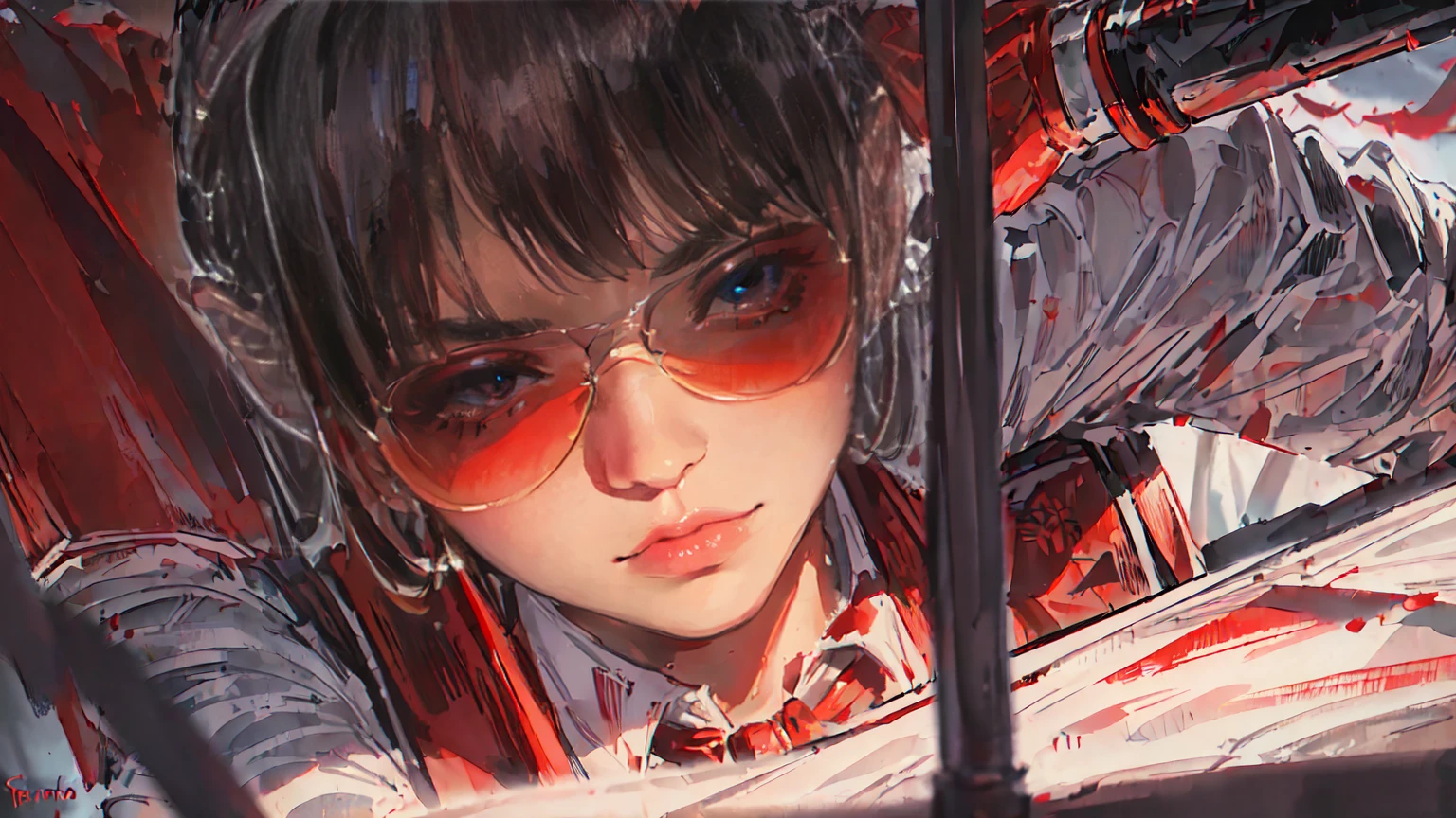 (Masterpiece, Best Quality, Ultra High Resolution) Fancy woman in a vintage look, with red detailed eyes, in business suit with red tie and white shirt, dark half-rimmed aviator glasses, The character is half-turned , looking sideways into the distance.