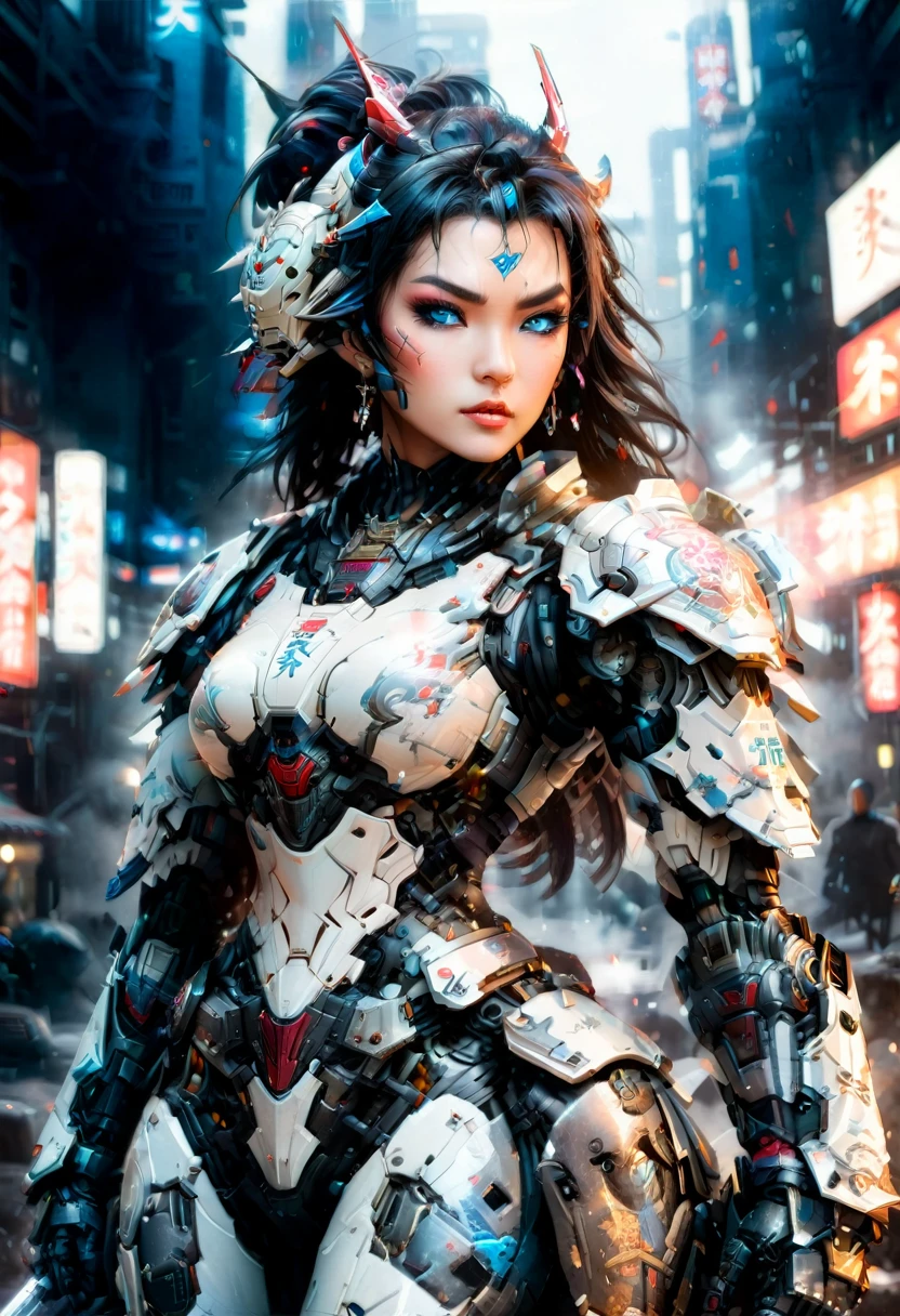 Japanese water color art picture of uma mulher samurai mecha in cyberpunk city, uma mulher samurai mecha, ultra feminine, mulher linda e requintada, (totalmente vestido: 1.3), Cabelo preto, cabelo longo, (olhos azuis: 1.3), ela está pronta para a batalha, vestindo (armadura mecha branca: 1.3), botas de salto alto, ela está armada com uma espada japonesa, Cidade Cyberpunk Japonesa à Noite, Fundo, (Obra de arte: 1.5), 16K, alta resolução, melhor qualidade, detalhes altos, ultra detalhado, Obra de arte, melhor qualidade, (extremamente detalhado), arafed, mecha, 