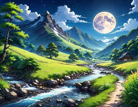 painting of a mountain landscape with a stream and a full moon, beautiful anime scenery, scenery artwork, anime countryside land...