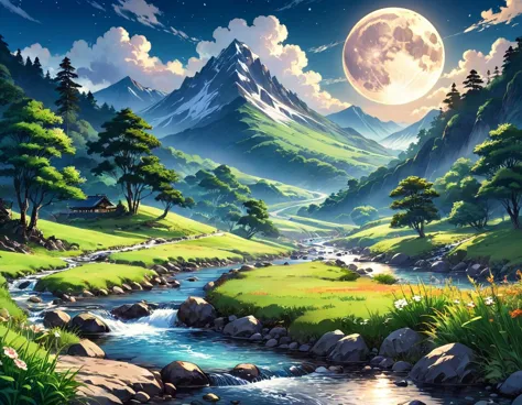 painting of a mountain landscape with a stream and a full moon, beautiful anime scenery, scenery artwork, anime countryside land...
