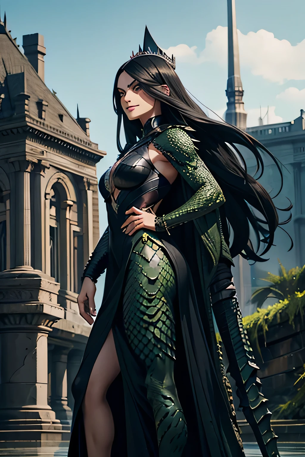 Woman, Black Hair, long hair, black eyes, (Green reptile scales), Silver crown, black dress, silver scepter, Woman standing on battlefield ruins, Mecha standing in background, Evil smile