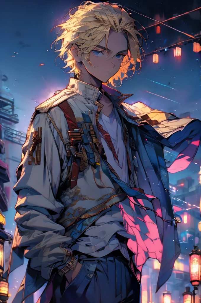 high detailed, 8k, highres, mikey, manjiro_sano, tokyo_revengers, 1boy, solo, male focus, blonde hair, shirt, jacket, hands in pockets, white shirt, pants, looking away, wind, jacket on shoulders, standing