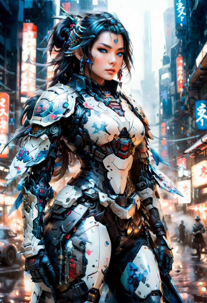 Japanese water color art picture of a Mecha samurai woman in cyberpunk city, a Mecha samurai woman, ultrafeminin, Exquisite schöne Frau, (Vollständig bekleidet: 1.3), schwarzes Haar, lange Haare, (blaue Augen: 1.3), sie steht bereit zum Kampf, Tragen (white Mecha armor: 1.3), Stiefel mit hohen Absätzen, Sie ist mit einem japanischen Schwert bewaffnet, Japanische Cyberpunk-Stadt bei Nacht, Hintergrund, (Meisterwerk: 1.5), 16k, highres, beste Qualität, hohe Details, Extrem detailliert, Meisterwerk, beste Qualität, (Extrem detailliert), arabisch, Mecha, 