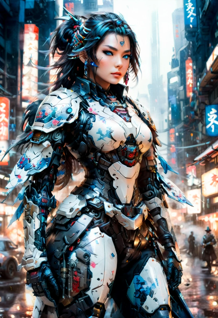 Japanese water color art picture of a mecha samurai woman in cyberpunk city, a mecha samurai woman, ultra feminine, exquisite beautiful woman, (fully clothed: 1.3), black hair, long hair, (blue eyes: 1.3), she stands ready to battle, wearing (white mecha armor: 1.3), high heeled boots, she is armed with a Japanese sword, Japanese Cyberpunk city at night, background, (Masterpiece: 1.5), 16k, highres, best quality, high details, ultra detailed, masterpiece, best quality, (extremely detailed), arafed, mecha, 