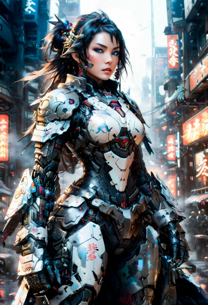Japanese water color art picture of a メカ samurai woman in cyberpunk city, a メカ samurai woman, 超女性的, 絶妙な美しい女性, (完全に服を着た: 1.3), 黒髪, 長い髪, (青い目: 1.3), 彼女は戦う準備ができている, 着用 (white メカ armor: 1.3), ハイヒールブーツ, 彼女は日本刀で武装しています, 夜の日本のサイバーパンク都市, 背景, (傑作: 1.5), 16k, 高解像度, 最高品質, 細部までこだわった, 超詳細, 傑作, 最高品質, (非常に詳細な), アラフェド, メカ, 