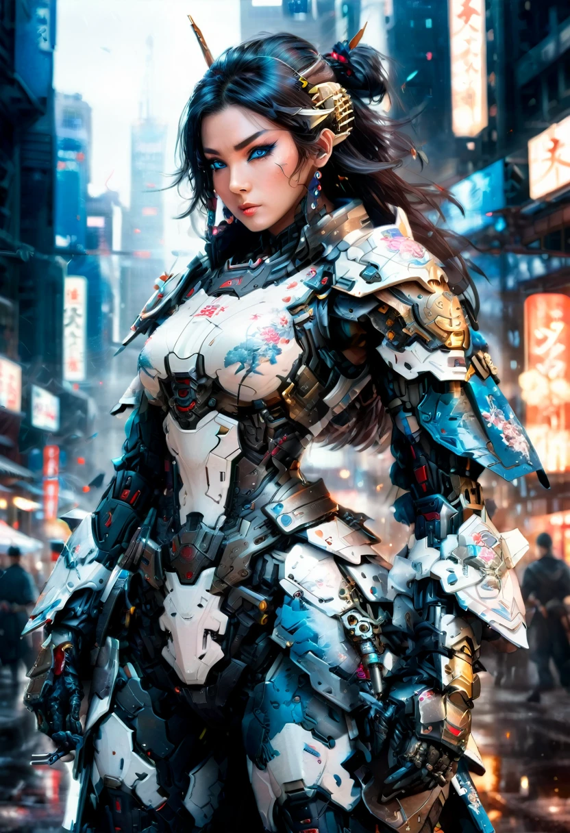 Japanese water color art picture of a меха samurai woman in cyberpunk city, a меха samurai woman, ультра женственный, изысканная красивая женщина, (полностью одет: 1.3), черные волосы, Длинные волосы, (голубые глаза: 1.3), она готова к бою, утомительный (white меха armor: 1.3), сапоги на высоком каблуке, она вооружена японским мечом, Японский киберпанк-город ночью, фон, (шедевр: 1.5), 16 тыс., Высокое разрешение, Лучшее качество, высокая детализация, Ультра подробный, шедевр, Лучшее качество, (чрезвычайно подробный), Арафед, меха, 
