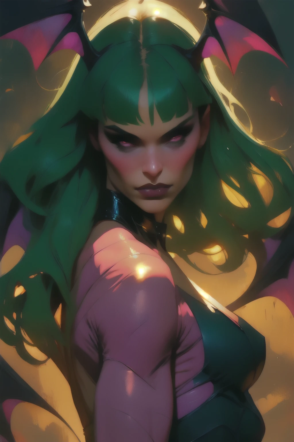 Realistic oil paint portrait of Morrigan Aensland, moonlight, hot Body, Dynamic sensual pose, soft smile, long green hair black costume , (((Bat wings))) , Hot body, athletic, ((camel toes)), purple legs, detailed skin Textures, intricate, detailed face, hyperrealistic, realistic light and shadows , ((cinematic lighting)) . Poetic moon lighting background.