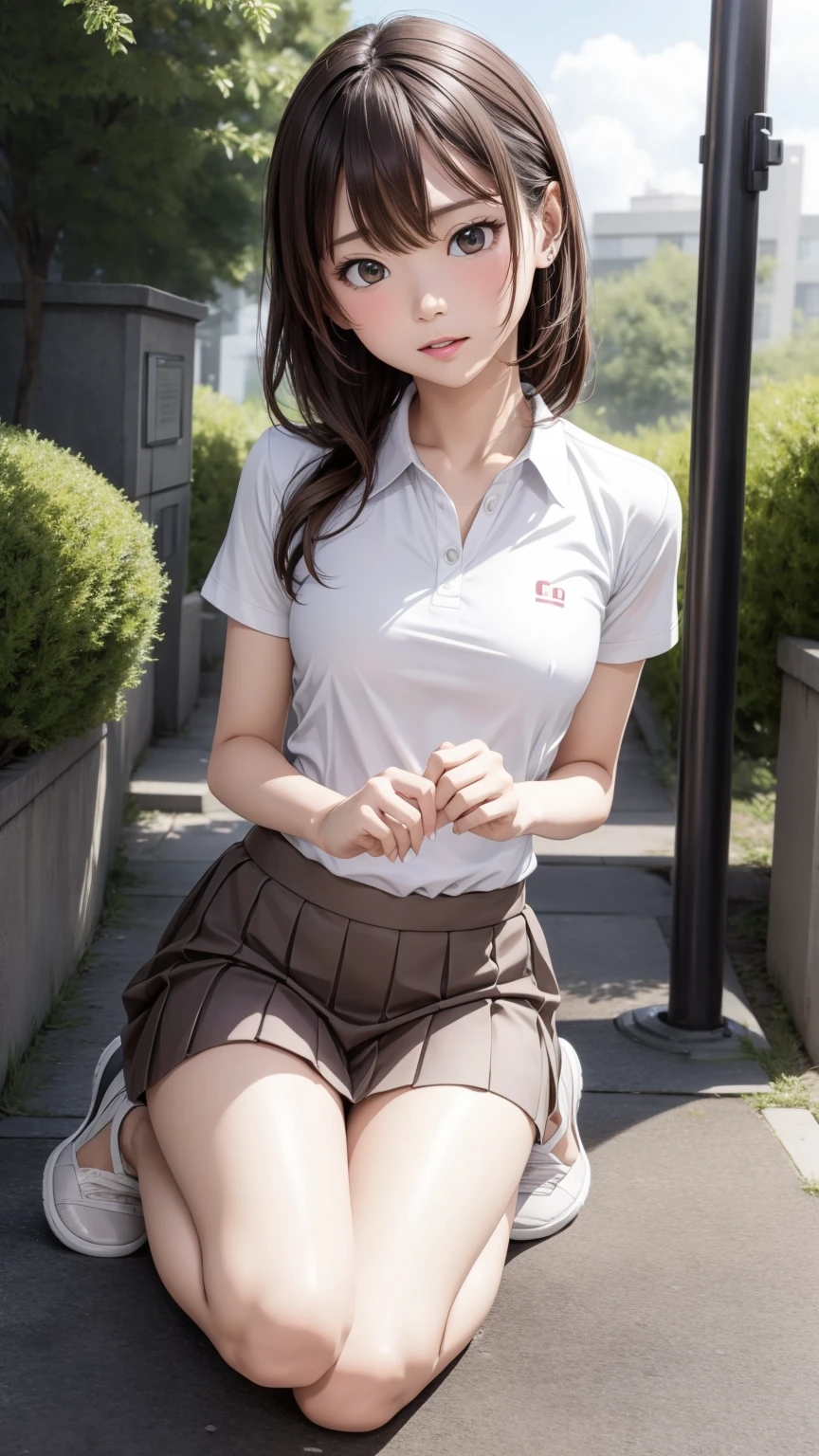 8K quality、High resolution、Realistic skin texture、High resolutionの瞳、A woman with a mature appearance、Japanese summer high school girls uniform、Princess Hair、thin、Realistic Female Genitalia、Small breasts、Realistic tongue、Small breastsの谷間、Brown Hair、thin脚、Sweating profusely、Sweat accumulates in the chest、Evening schoolyard、Bare feet、Shoot the whole body while running