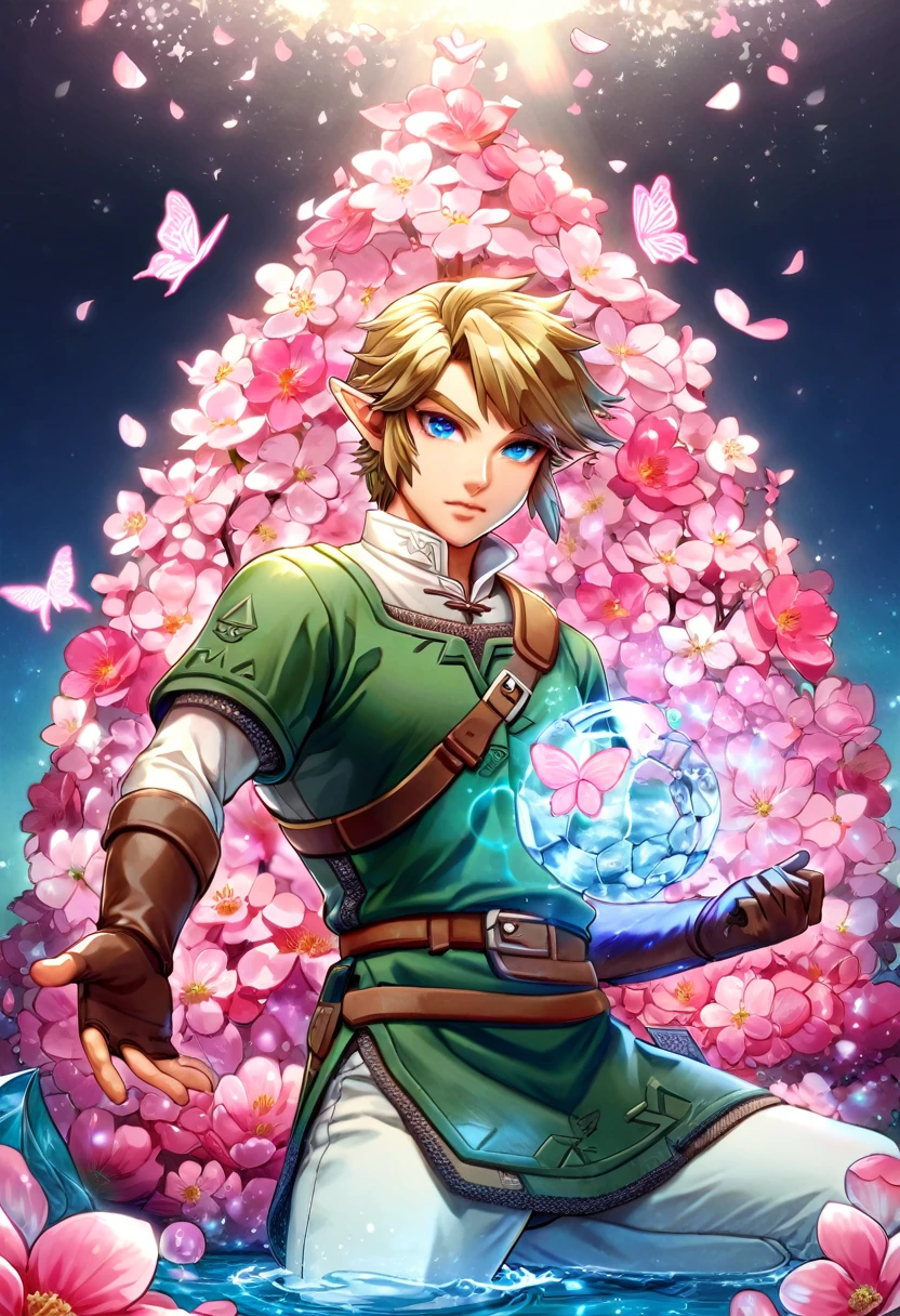 Ultra detailed, highres, absurdres, HDR, master piece, Link, blond hair, expressive blue eyes, green tunic, The Legend Of Zelda (Twilight Princess), fantasy, pink petals, pink flowers, handsome, sexy man, solo, magical, shining, pink butterflies, best quality, extremely detailed face and eyes, water, blossoms, white pants, brown gloves