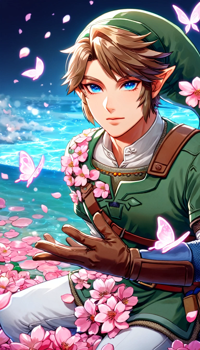 Ultra detailed, highres, absurdres, HDR, master piece, Link, brown hair, expressive blue eyes, green tunic, The Legend Of Zelda (Twilight Princess), fantasy, pink petals, pink flowers, handsome, sexy man, solo, magical, shining, pink butterflies, best quality, extremely detailed face and eyes, water, blossoms, white pants, brown gloves, green hat