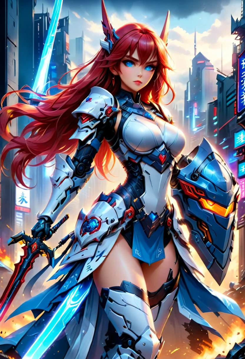 Japanese water color art picture of una mujer mecha samurái in cyberpunk city, una mujer mecha samurái, mujer hermosa exquisita, (Totalmente vestida: 1.3), cabello rojo, pelo largo, (blue eyes: 1.3), ella está lista para la batalla, Agotador (Armadura mecha blanca: 1.3), botas de tacón alto, ella está armada con una espada japonesa, Ciudad japonesa Cyberpunk de noche, fondo, (obra maestra: 1.5), 16k, alta resolución, mejor calidad, detalles altos, ultra detallado, obra maestra, mejor calidad, (extremadamente detallado), arafa, mecha, Espada y escudo