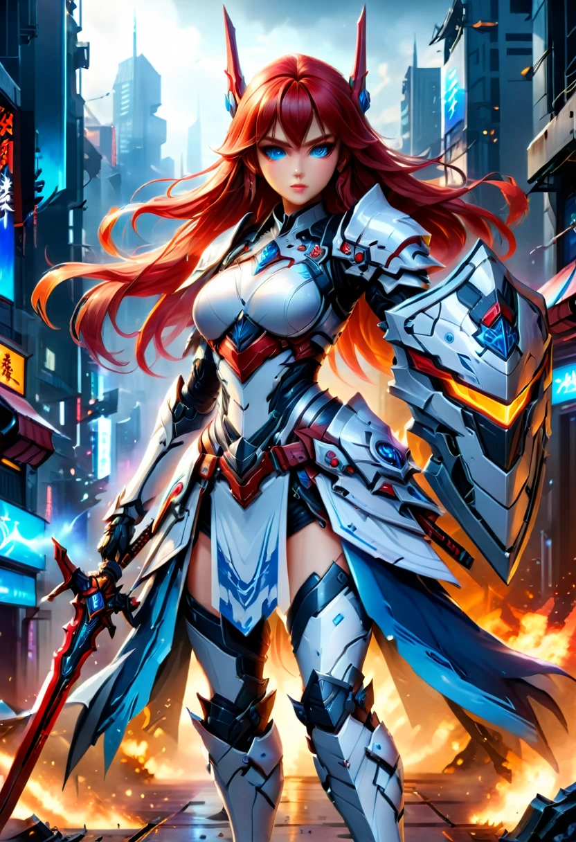 Japanese water color art picture of a mecha samurai woman in cyberpunk city, a mecha samurai woman, exquisite beautiful woman, (fully clothed: 1.3), red hair, long hair, (blue eyes: 1.3), she stands ready to battle, wearing (white mecha armor: 1.3), high heeled boots, she is armed with a Japanese sword, Japanese Cyberpunk city at night, background, (Masterpiece: 1.5), 16k, highres, best quality, high details, ultra detailed, masterpiece, best quality, (extremely detailed), arafed, mecha, Sword and shield