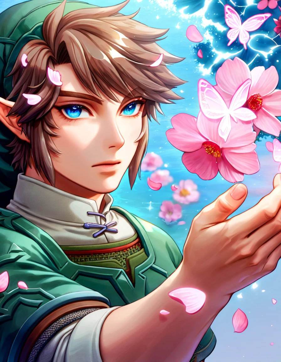 Ultra detailed, highres, absurdres, HDR, master piece, Link, brown hair, expressive blue eyes, green tunic, The Legend Of Zelda (Twilight Princess), fantasy, pink petals, pink flowers, handsome, sexy man, solo, magical, shining, pink butterflies, best quality, extremely detailed face and eyes, water, blossoms, green hat