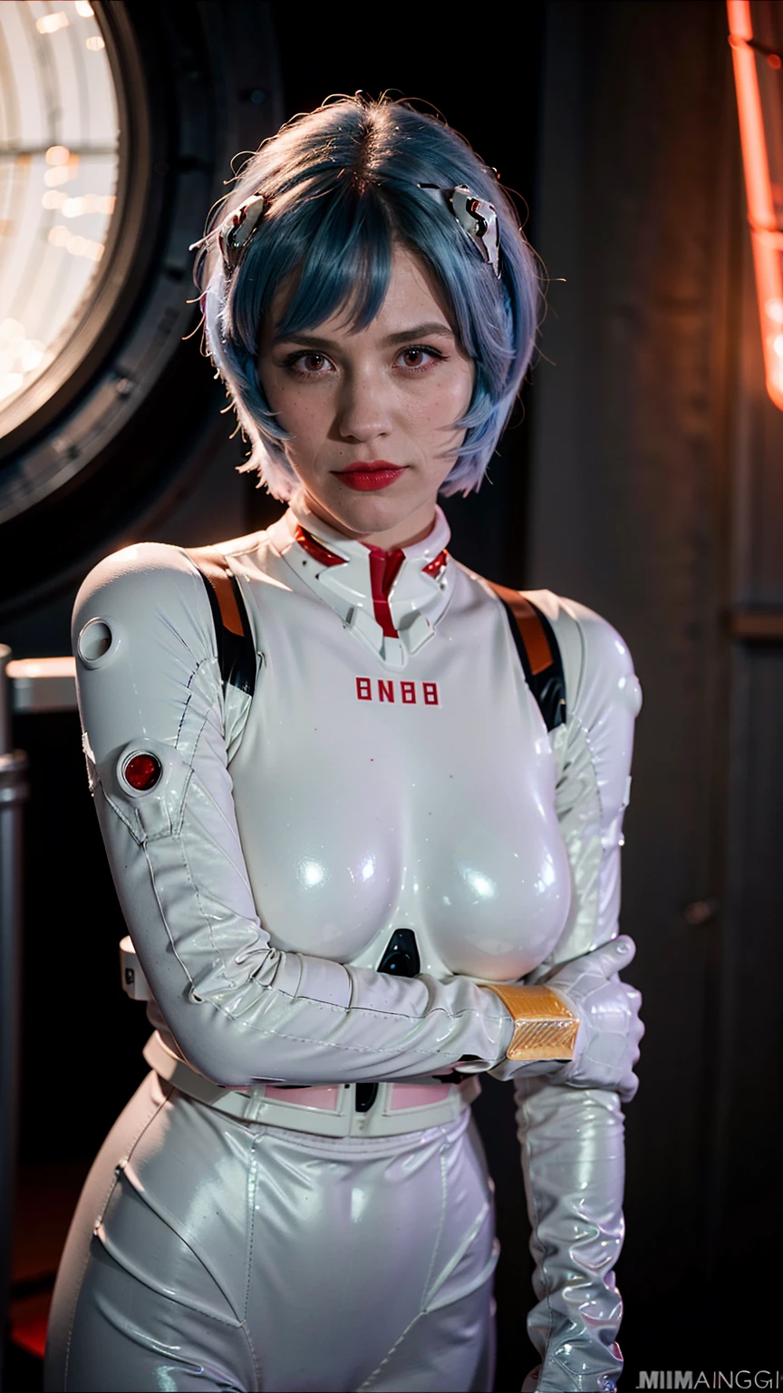 (masterpiece), (best quality), (red eyes), (epiCRealLife), (red lipstick), (show cleavage) (j4nu4ryj0n3s show cleavage) (young woman), (European Model), , (ayanami_rei crop top plugsuit), interface headset, white crop top bodysuit),(white gloves) (red eyes), (blue hair), (medium breasts),(flash photography), (natural lights), (ample lights),( light smile), (pose for picture), (white gloves), (light smile), (space station lobby),  (spaceship cockpit), (galaxy scenery), (cowboy shots)