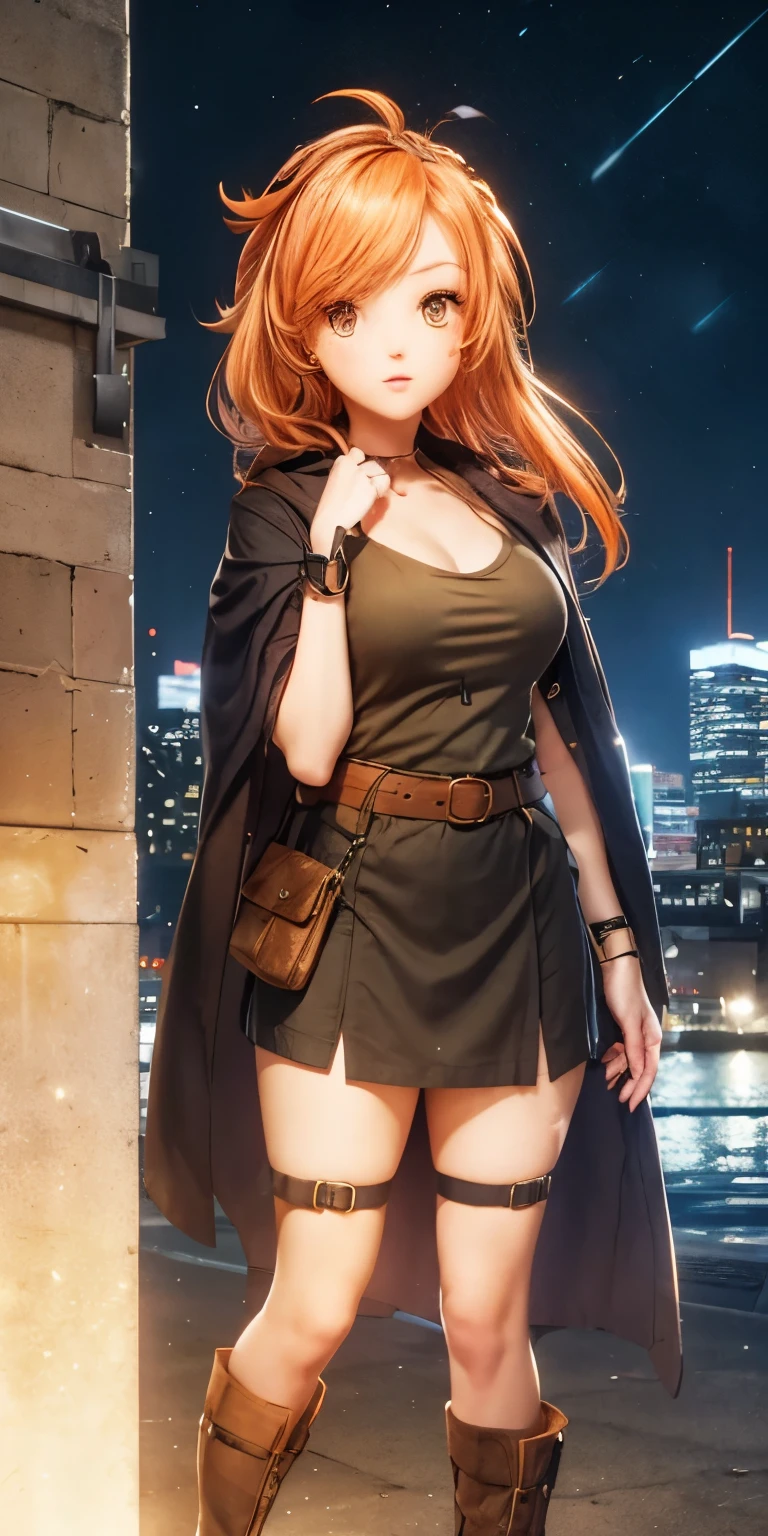 A young woman with richly faded light orange hair and light brown skin standing in a night city setting. She has orange eyes and is wearing a khaki t-shirt, a black skirt, and brown military boots. She has a black long cloak and a brown pouch on her waist belt. The scene is illuminated by city lights, giving it a realistic urban feel. She has a thoughtful expression on her face, with one hand near her chin. Her attire includes dark orange knee pads on her right leg and black tights. The background shows a city skyline with buildings and lights reflecting on the water. The lighting highlights her natural features, making the scene look realistic and detailed.
