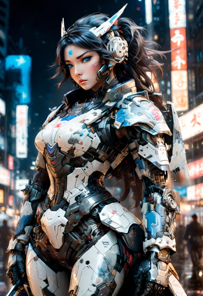 Japanese water color art picture of a 机甲 samurai woman in cyberpunk city, a 机甲 samurai woman, 极度女性化, 精致美丽的女人, (穿着整齐: 1.3), 黑发, 长发, (蓝眼睛: 1.3), 她已做好战斗准备, 穿着 (white 机甲 armor: 1.3), 高跟靴, 她手持一把日本刀, 夜晚的日本赛博朋克城市, 背景, (杰作: 1.5), 16千, 高分辨率, 最好的质量, 高细节, 极其详细, 杰作, 最好的质量, (极其详细), 阿拉菲德, 机甲, 