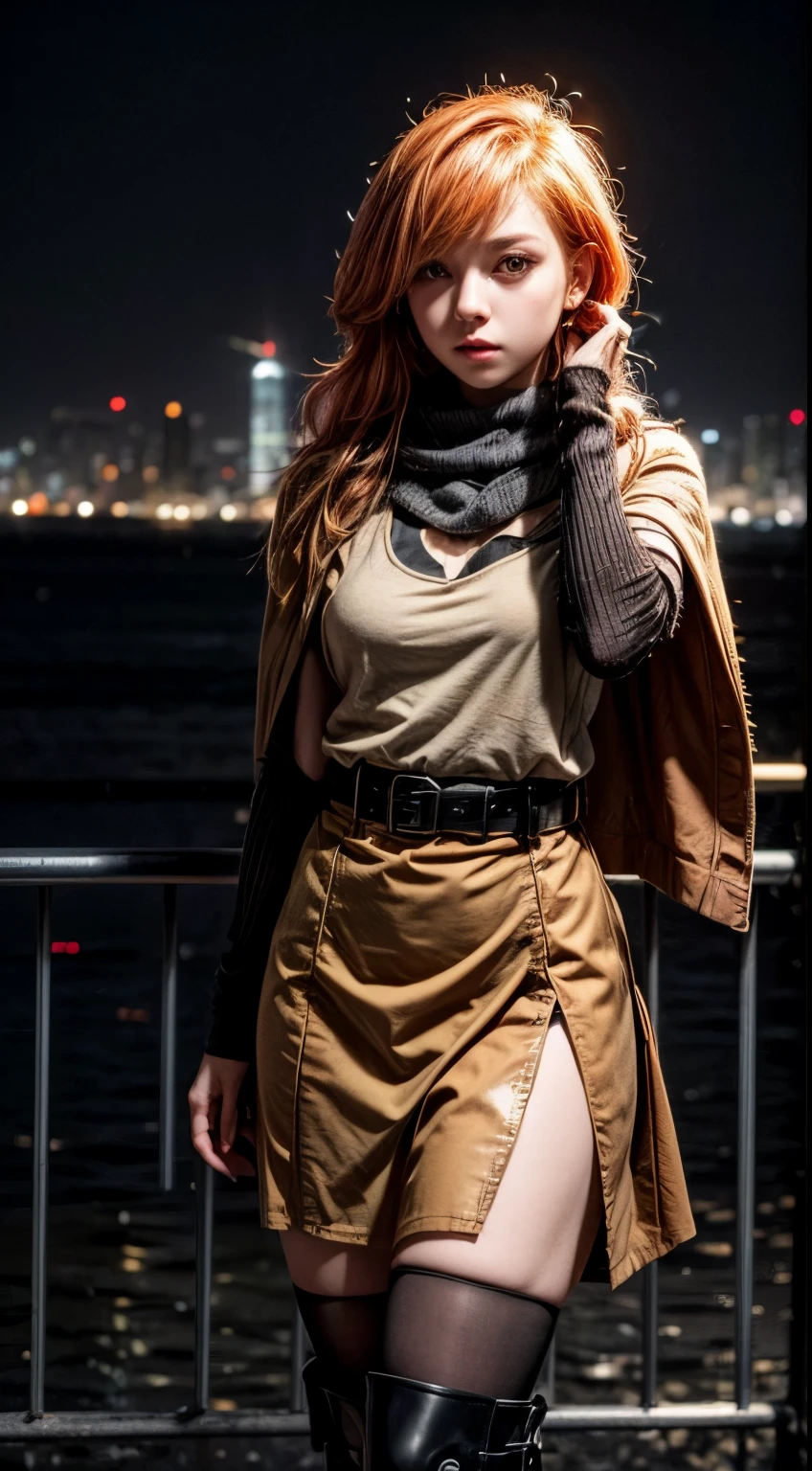 A young woman with richly faded light orange hair and light brown skin standing in a night city setting. She has orange eyes and is wearing a khaki t-shirt, a black skirt, and brown military boots. She has a black long cloak and a brown pouch on her waist belt. The scene is illuminated by city lights, giving it a realistic urban feel. She has a thoughtful expression on her face, with one hand near her chin. Her attire includes dark orange knee pads on her right leg and black tights. The background shows a city skyline with buildings and lights reflecting on the water. The lighting highlights her natural features, making the scene look realistic and detailed.