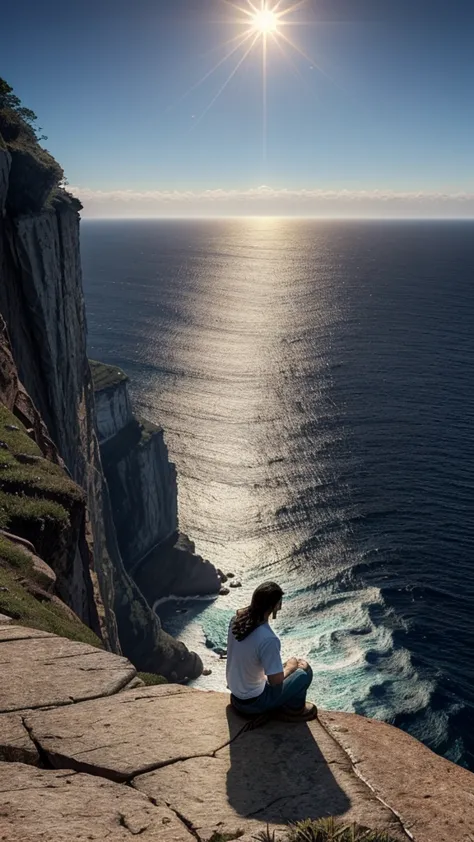 a man sitting on top of a cliff next to the ocean, a picture, inspired by christophe vacher, jesus face, praying at the sun, 😃😀😄...