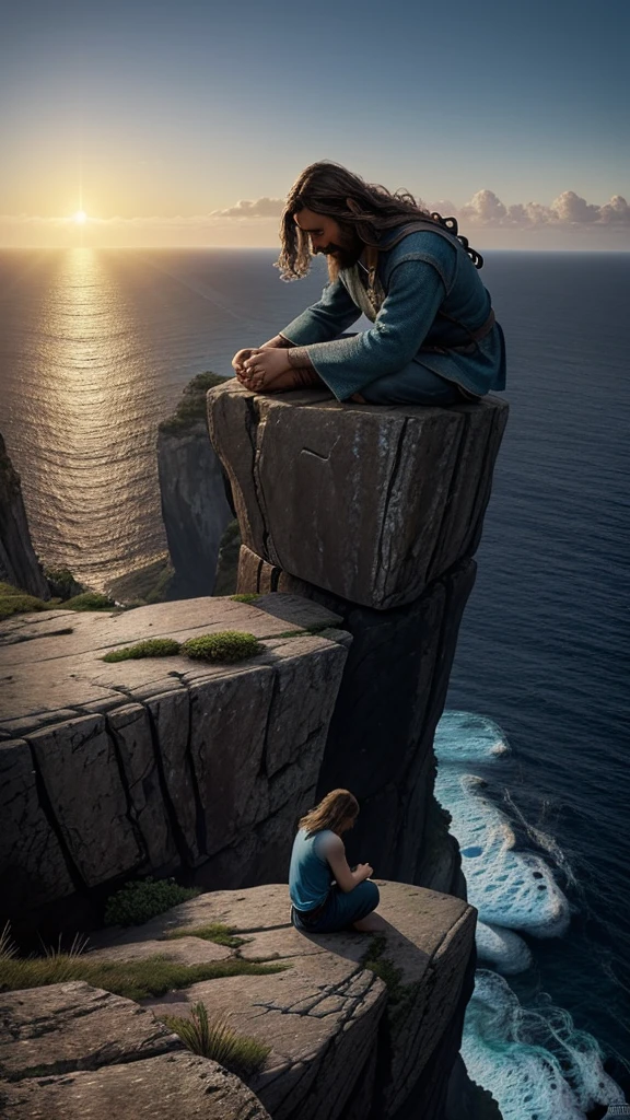 a man sitting on top of a cliff next to the ocean, a picture, inspired by Christophe Vacher, jesus face, praying at the sun, 😃😀😄☺🙃😉😗, high quality picture, kneeling in prayer, profile picture, his eyes are closed, 256x256, ! holding in his hand !, avatar image, jesus