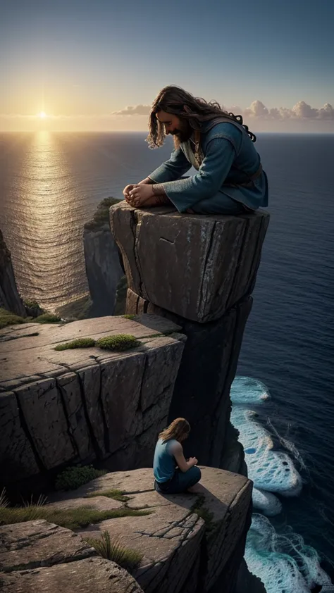 a man sitting on top of a cliff next to the ocean, a picture, inspired by christophe vacher, jesus face, praying at the sun, 😃😀😄...