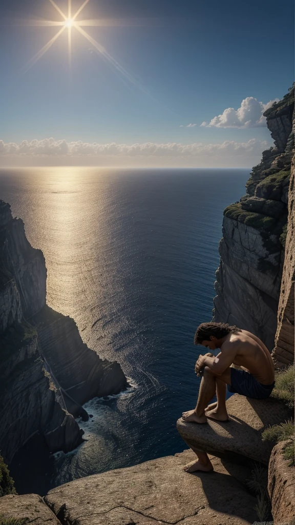 a man sitting on top of a cliff next to the ocean, a picture, inspired by Christophe Vacher, jesus face, praying at the sun, 😃😀😄☺🙃😉😗, high quality picture, kneeling in prayer, profile picture, his eyes are closed, 256x256, ! holding in his hand !, avatar image, jesus