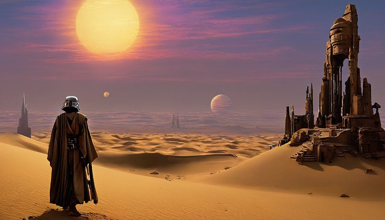 “Imagine a scene on a distant desert planet, reminiscente de Tatooine, where a lone Jedi knight finds himself on a sand dune, observando o horizonte. In the sky, two moons are visible, e ao longe, the ruins of an ancient civilization emerge from the sands. The light of the sunset reflects off the Jedi&#39;s lightsaber, creating a contrast with the shadows that begin to lengthen across the desert,hyper realistic composition,32k resolution,cinematic composition,cinematic color grading.photography whit Phaseone 85mm,death of field lens.