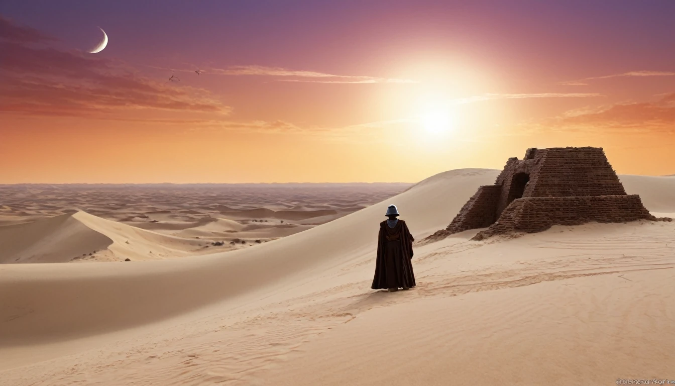 “Imagine a scene on a distant desert planet, reminiscente de Tatooine, where a lone Jedi knight finds himself on a sand dune, observando o horizonte. In the sky, two moons are visible, e ao longe, the ruins of an ancient civilization emerge from the sands. The light of the sunset reflects off the Jedi&#39;s lightsaber, creating a contrast with the shadows that begin to lengthen across the desert,hyper realistic composition,32k resolution,cinematic composition,cinematic color grading.photography whit Phaseone 85mm,death of field lens.