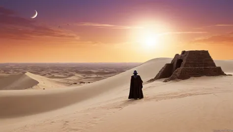 “Imagine a scene on a distant desert planet, reminiscente de Tatooine, where a lone Jedi knight finds himself on a sand dune, ob...