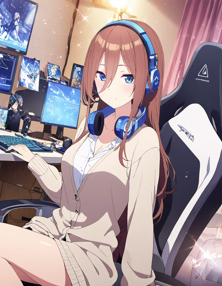 (A girl lounging in her bedroom), (a PC monitor turned on, a gaming chair), (a cluttered room), (fetal position), (perfect face), Sparkling, (masterpiece, best quality), (absurdres absolutely resolution), (8k), (detailed illustration), (super fine illustration), (professional lighting), (vivid color), detailed beatiful face, detailed beatiful eyes, detailed beatiful hair, perfect body, perfect hands, dynamic pose, dutch angle}, , looking at viewer, miku nakano, long hair, bangs, blue eyes, brown hair, shirt, hair between eyes, cardigan, headphones around neck, mature female, medium breasts.