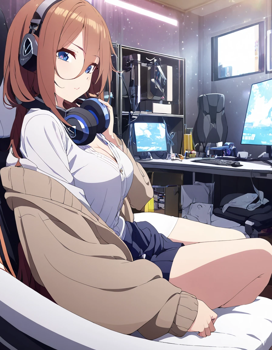 (A girl lounging in her bedroom), (a PC monitor turned on, a gaming chair), (a cluttered room), (fetal position), (perfect face), Sparkling, (masterpiece, best quality), (absurdres absolutely resolution), (8k), (detailed illustration), (super fine illustration), (professional lighting), (vivid color), detailed beatiful face, detailed beatiful eyes, detailed beatiful hair, perfect body, perfect hands, dynamic pose, dutch angle}, , looking at viewer, miku nakano, long hair, bangs, blue eyes, brown hair, shirt, hair between eyes, cardigan, headphones around neck, mature female, medium breasts.