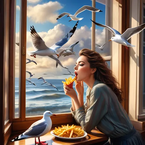 a woman is sitting by a window eating french fries (with seagulls looking through the glass outside the window, wanting to eat t...