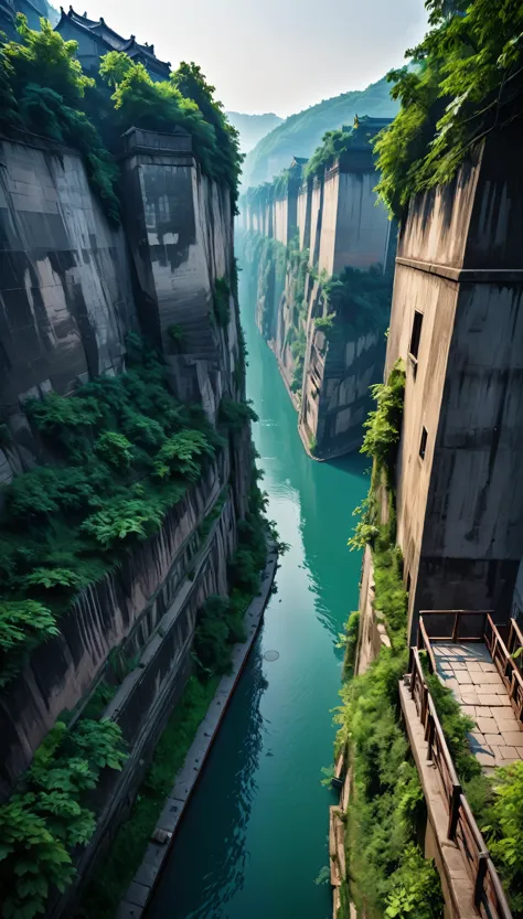 high resolution、8k masterpiece:1.3、 breathtaking aerial photography:1.1、 the terrifying cliff-top walled canal in chongqing:1.3、...