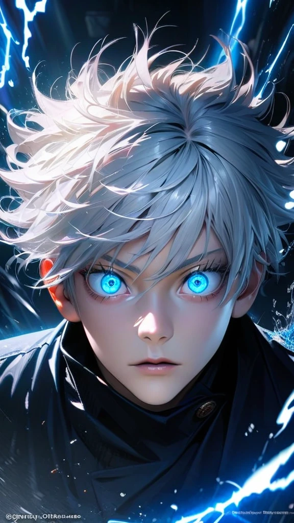  High quality, ultra realistic,absurdres, highres, ultra detailed, HDR, masterpiece, extremely detailed face and eyes,  Gojo satoru , jujutsu kaisen,, white hair ,black shirt , solo, ,man, handsome, ,white eyeleshes, blue eyes , Epic fight scene, blue splashing effect,blue lightning  effect,glowing glitters , close up,cool eyes, symetrical 