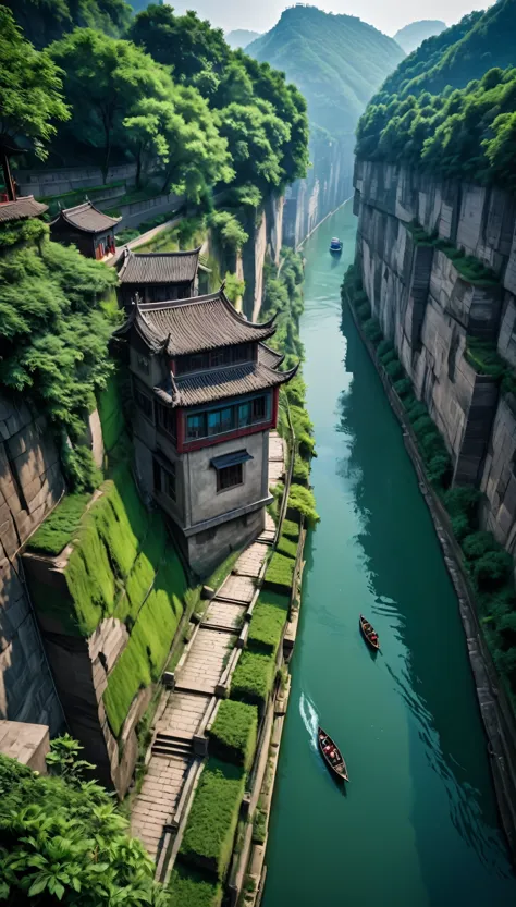 high resolution、8k masterpiece:1.3、 breathtaking aerial photography:1.1、 the terrifying cliff-top walled canal in chongqing:1.3、...