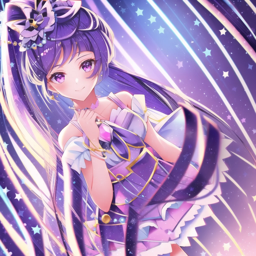 One girl, alone, Long Hair, View your viewers, smile, skirt, Have, jewelry, Are standing, Purple eyes, Purple Hair, Braiding, null, choker, abdomen, Pink Eyes, water, star (symbol), bracelet, blue skirt, Black Hat, witch Have, Blue ribbon, Magical girl, High Ponytail, gem,White Background, Bridal Gauntlet, purple skirt, mini Have, crown Braiding, blue choker, Wide ponytail, I will be happy 